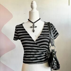 Black Striped Wrap Top Y2K Indie Sleaze Soft Goth Grunge Retro Small‎